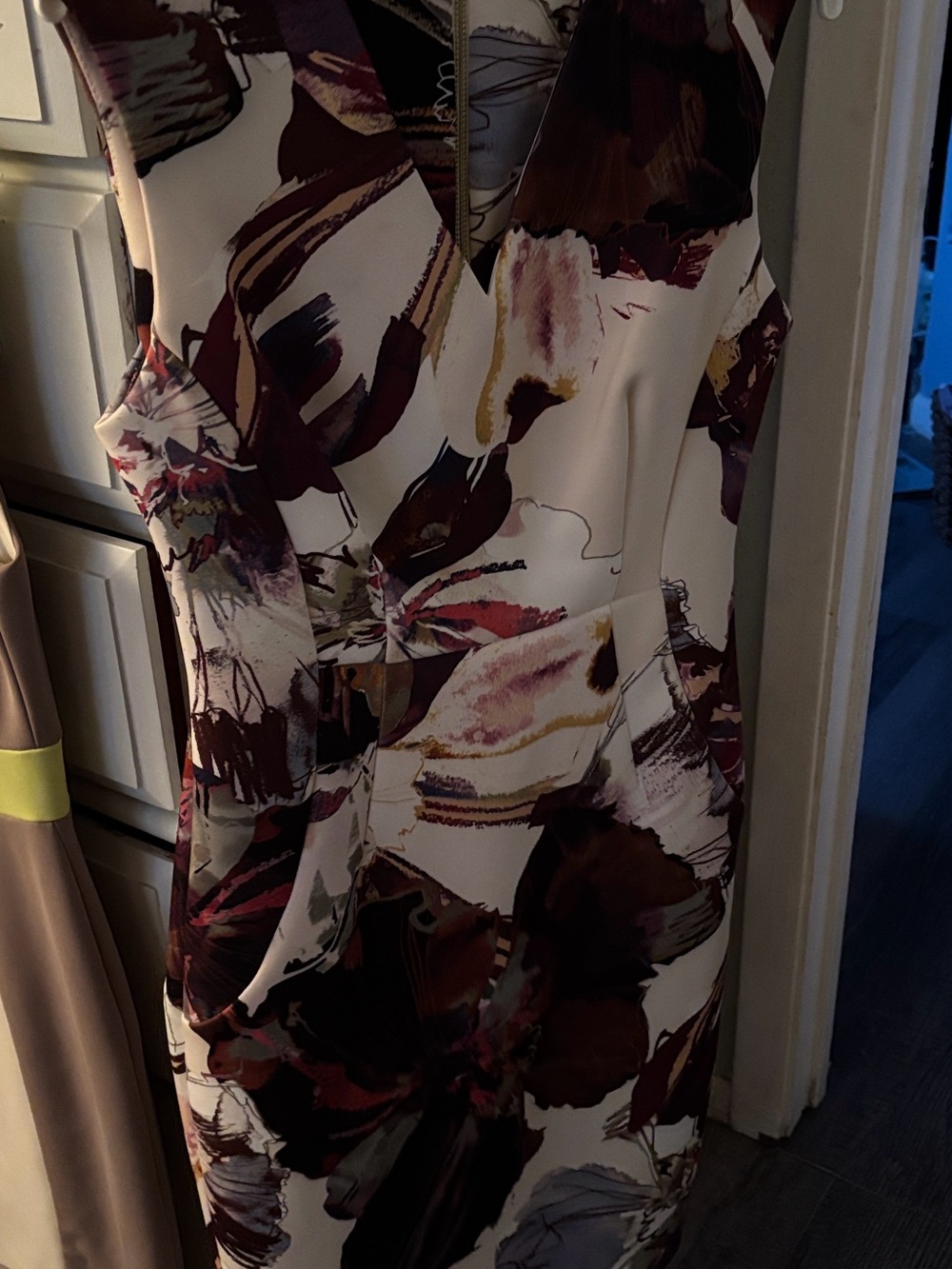 Calvin Klein Sleeveless Midi Dress in White with Burgundy & Brown Floral